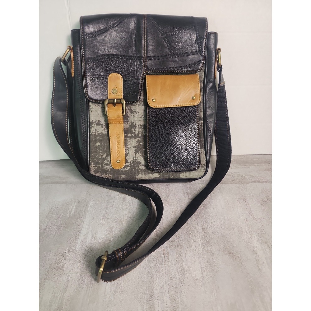 Vaan & Co Leather Messenger Bag Black Tan Crossbody Contrast Stitching